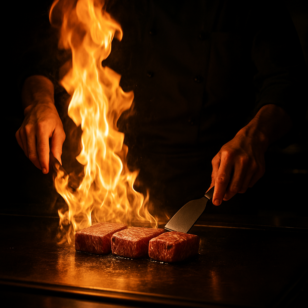 鉄板で立ち上る炎と黒毛和牛